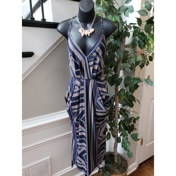 BCBGMAXAZRIA Long Maxi Dress Womens Small Multi Geo Print Pleated Drape Pocket - Picture 2 of 12